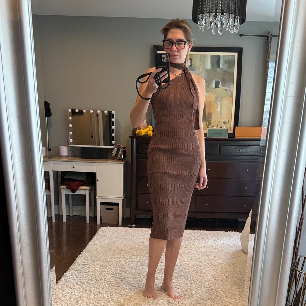 Zara Asymmetric neckline midi dress. Brown Knit Halter Dress size S NWT